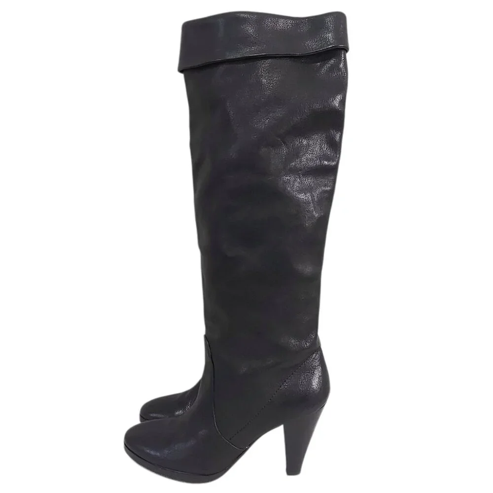 Michael Kors Women Slouchy Foldable Knee High Heeled Boots Size 7  Black Leather